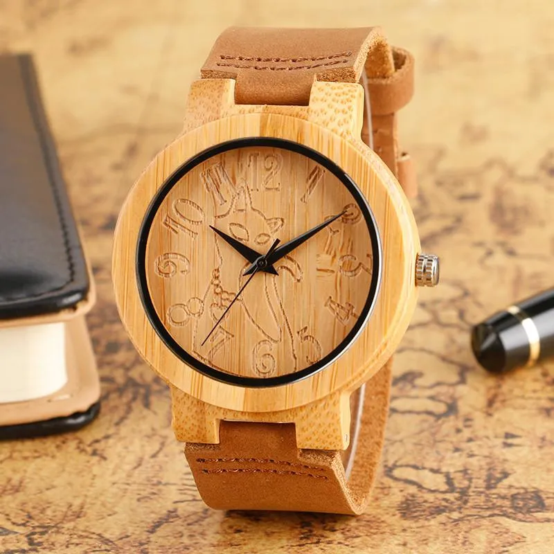 Lovely Hand Carved Wooden Watch for Ladies Leather Band