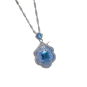 Luxury Princess Square  Aquamarine Stone Blue Crystal Pendant Necklace