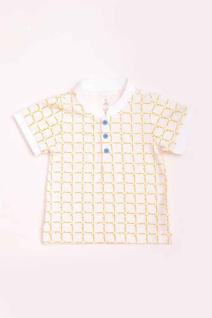 Mandarin-collared Polo Tee - Cream Bamboo Tiles