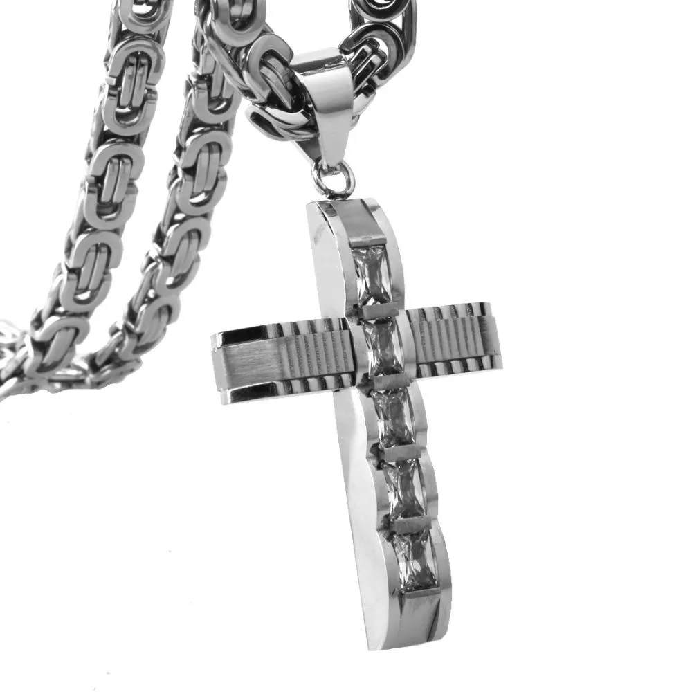 Mechanical Silver Crucifix Pendant and Byzantine Chain Necklace