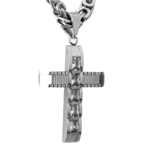 Mechanical Silver Crucifix Pendant and Byzantine Chain Necklace