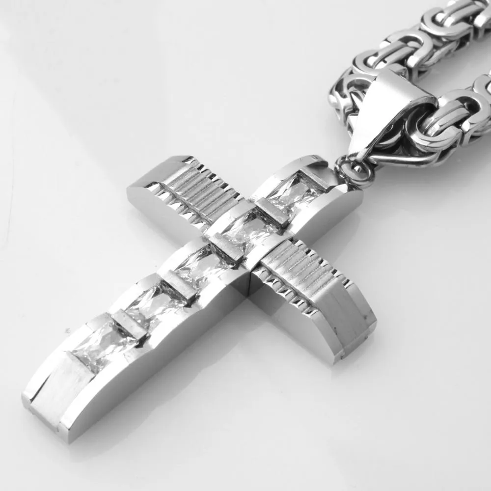 Mechanical Silver Crucifix Pendant and Byzantine Chain Necklace