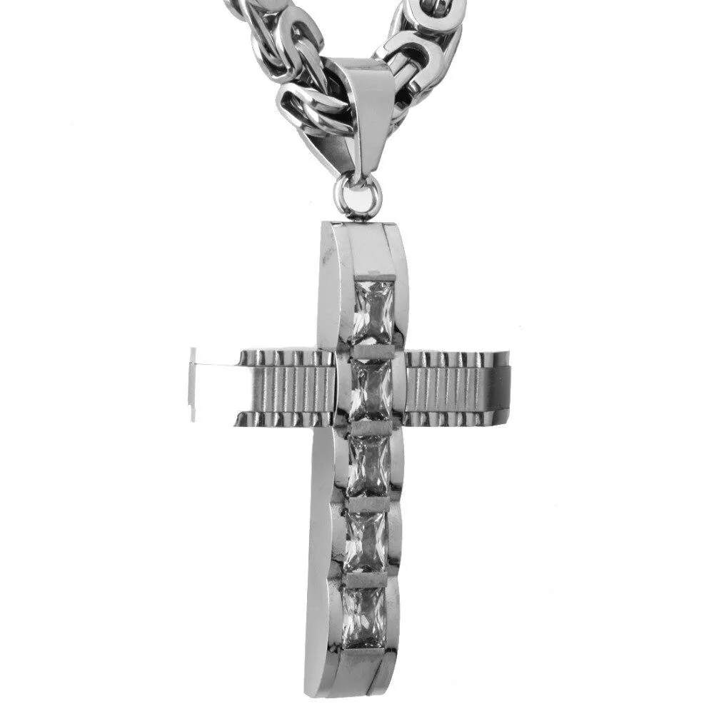 Mechanical Silver Crucifix Pendant and Byzantine Chain Necklace