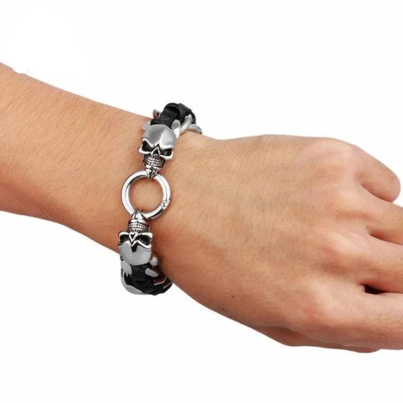 Men's Stainless Steel Leather Skull Bracelet