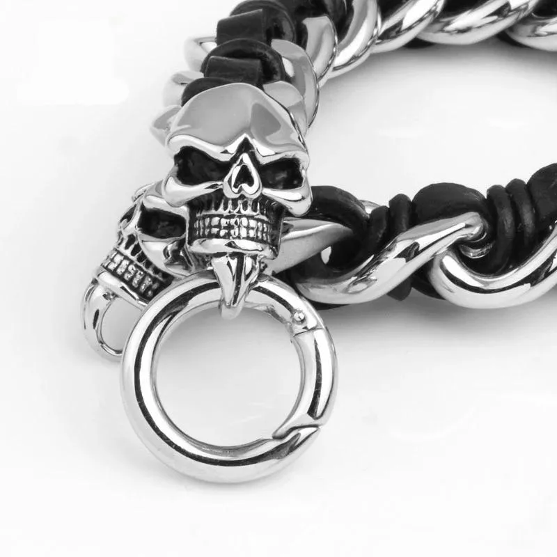 Men's Stainless Steel Leather Skull Bracelet