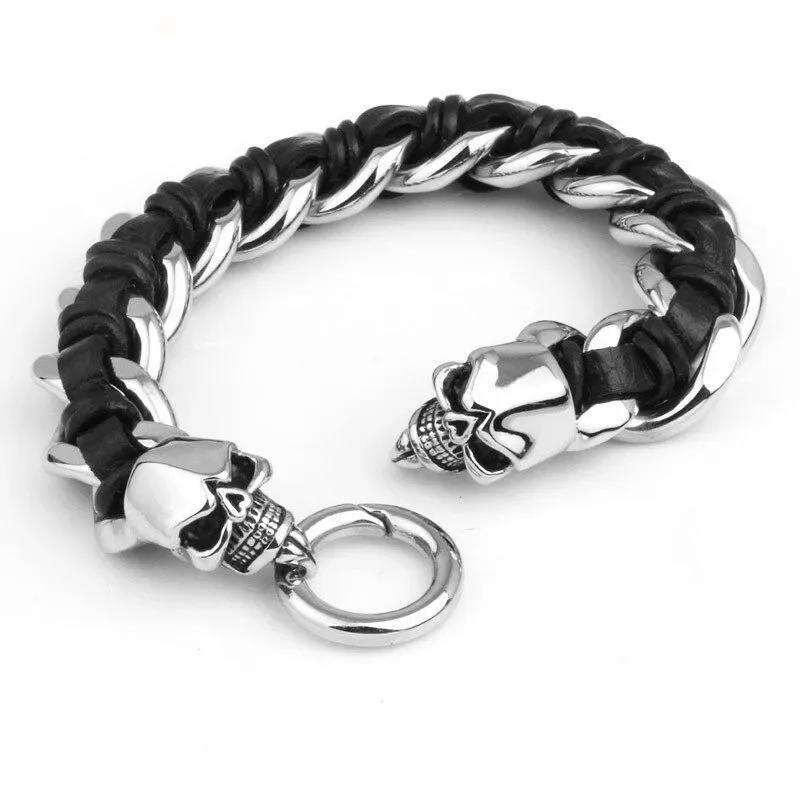 Men's Stainless Steel Leather Skull Bracelet