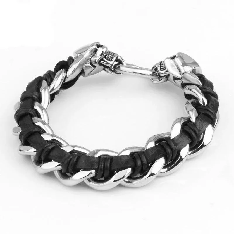 Men's Stainless Steel Leather Skull Bracelet