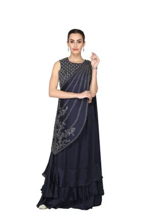 Navy Blue Drape Saree with One-Shoulder Cape.