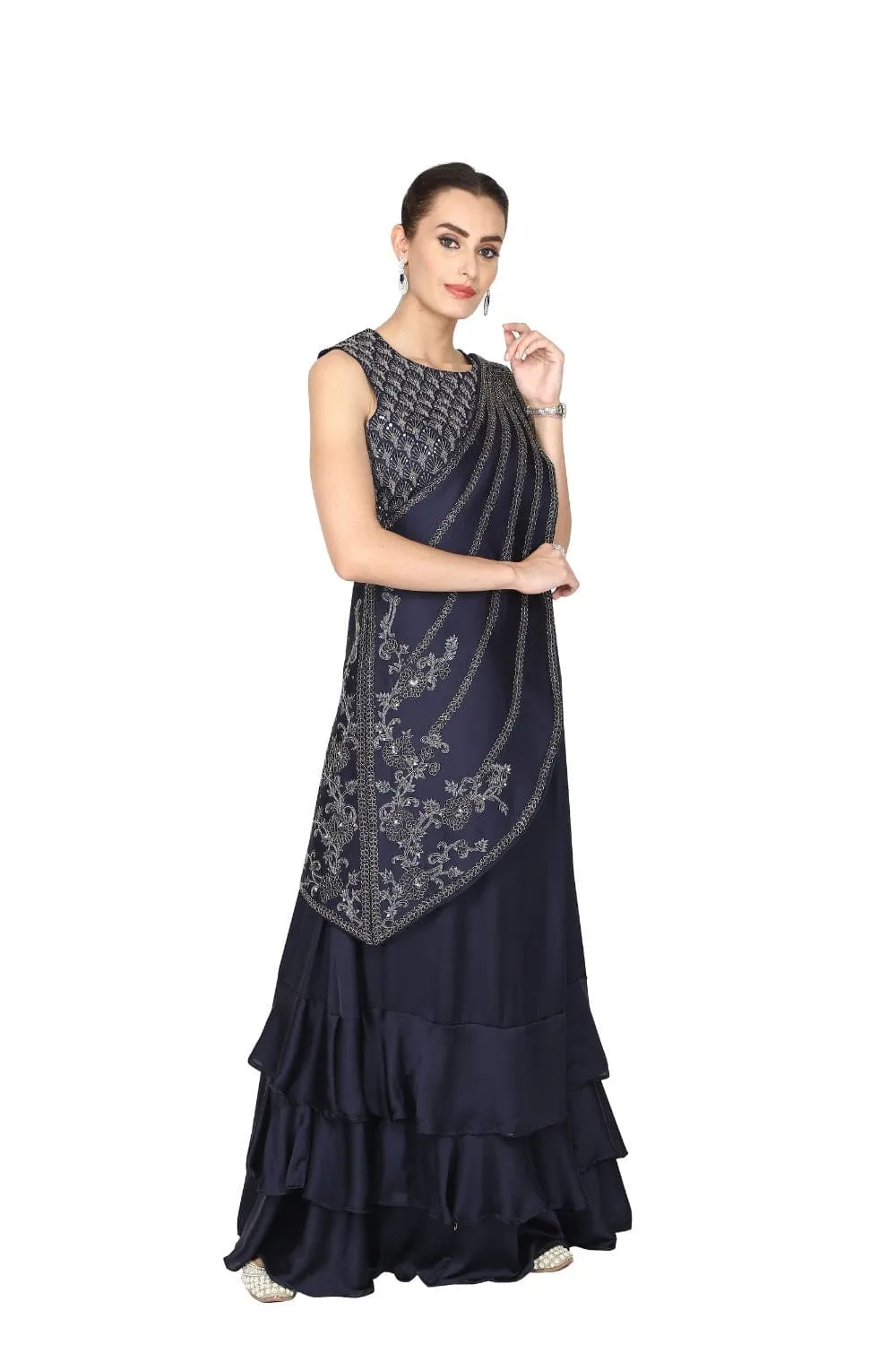 Navy Blue Drape Saree with One-Shoulder Cape.