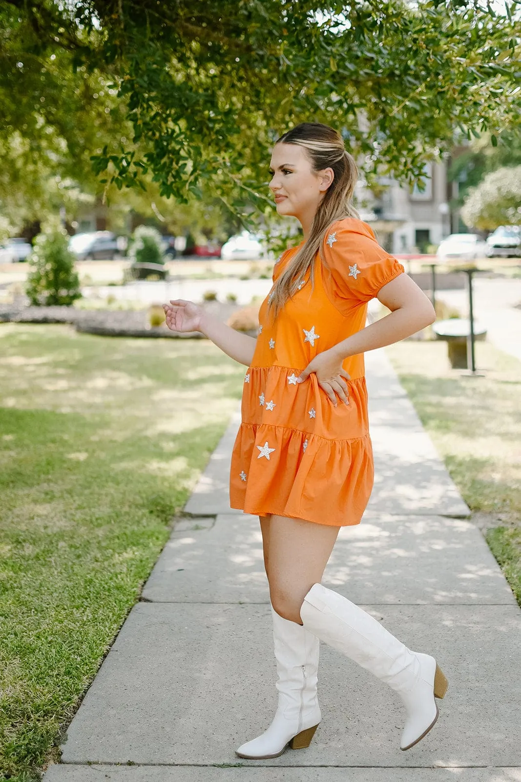 Orange Star Tiered Babydoll Dress