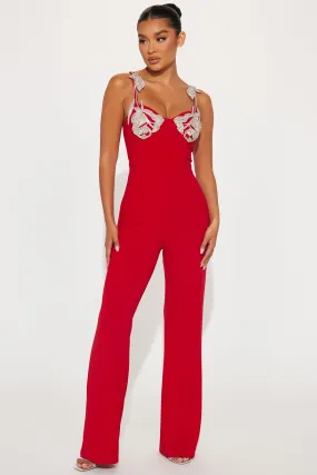 Oscars Lady Embellished Jumpsuit - Red