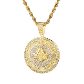 Paved Cubic Zirconia and Rhinestone Studded Masonic Bling Hip-hop Pendant Necklace