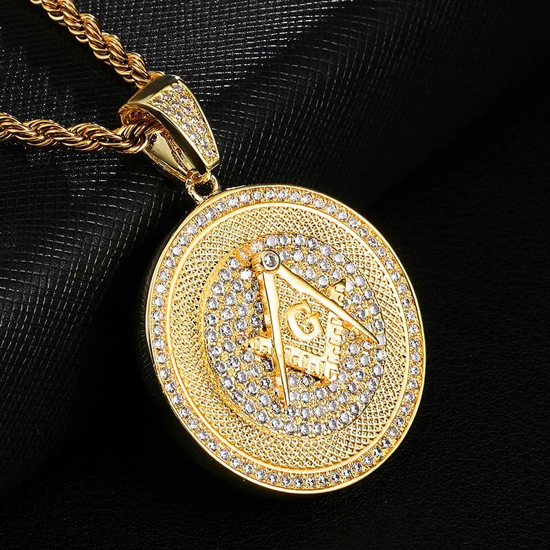 Paved Cubic Zirconia and Rhinestone Studded Masonic Bling Hip-hop Pendant Necklace