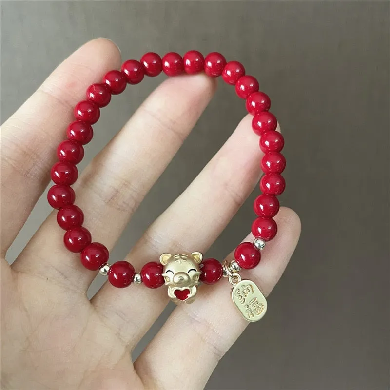 Petite Lucky Tiger Red Crystal Beaded Charm Bracelet