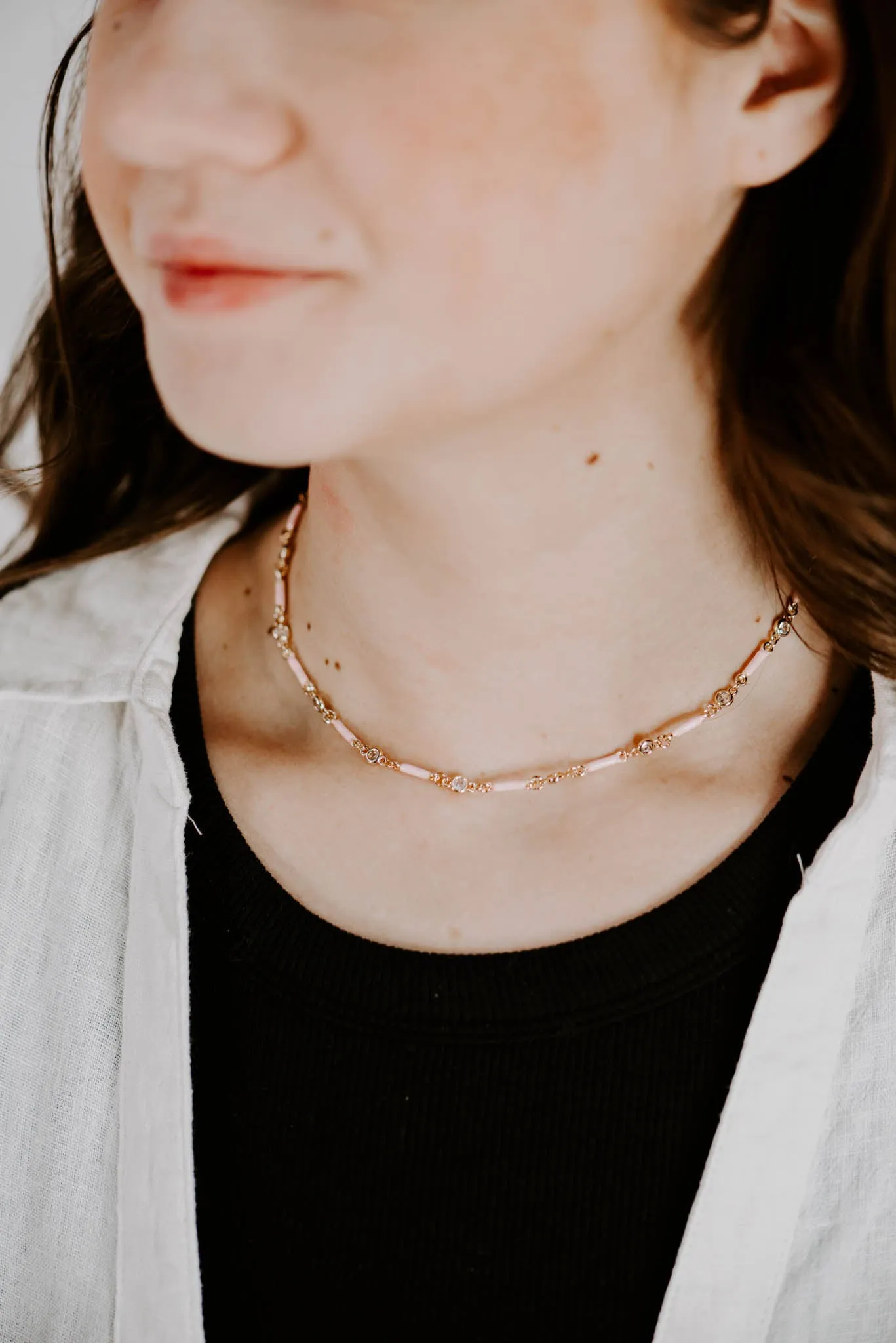 Pink Enameled Bar & Crystal Necklace