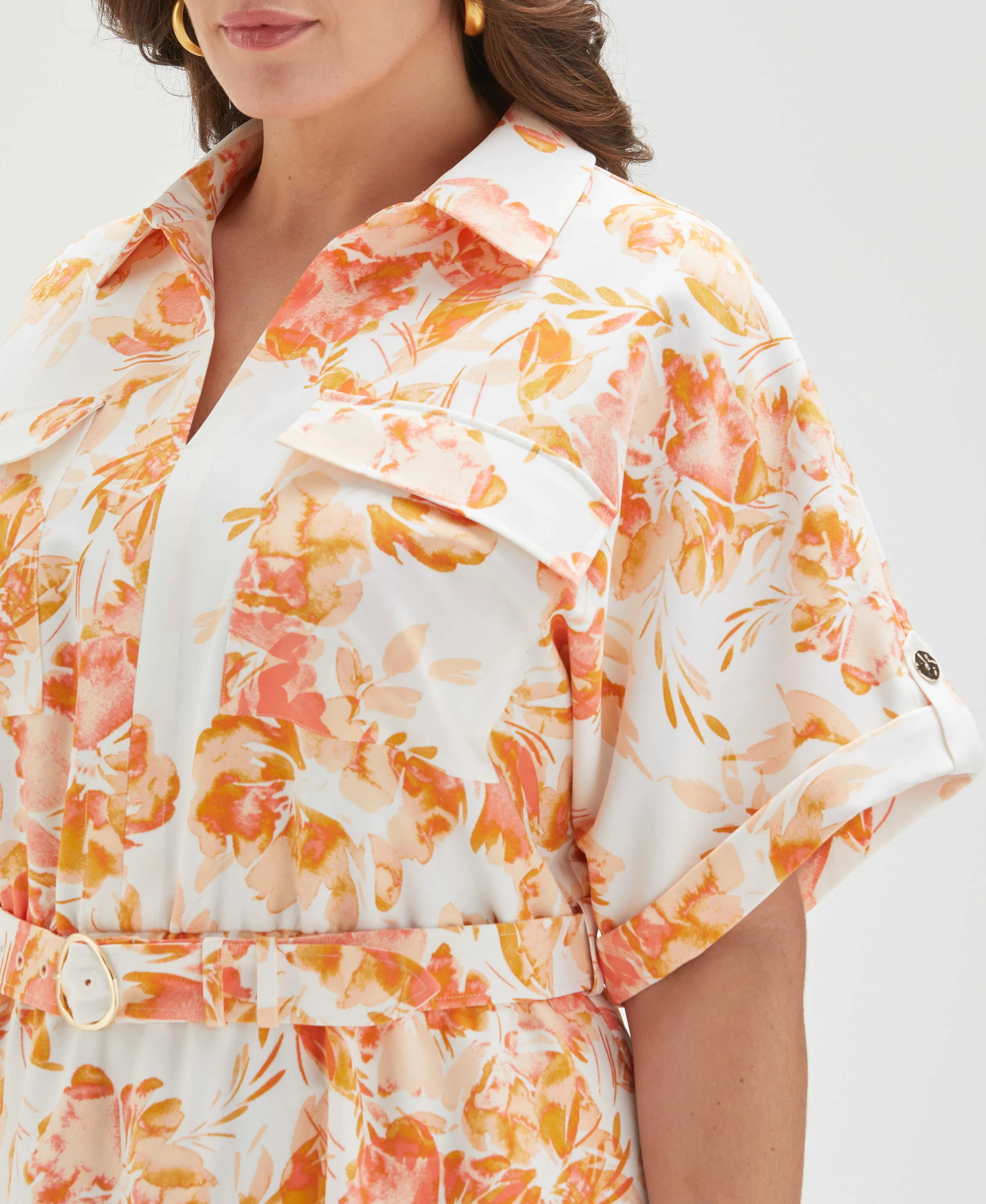 Plus Size Floral Print Utility Shirt Dress