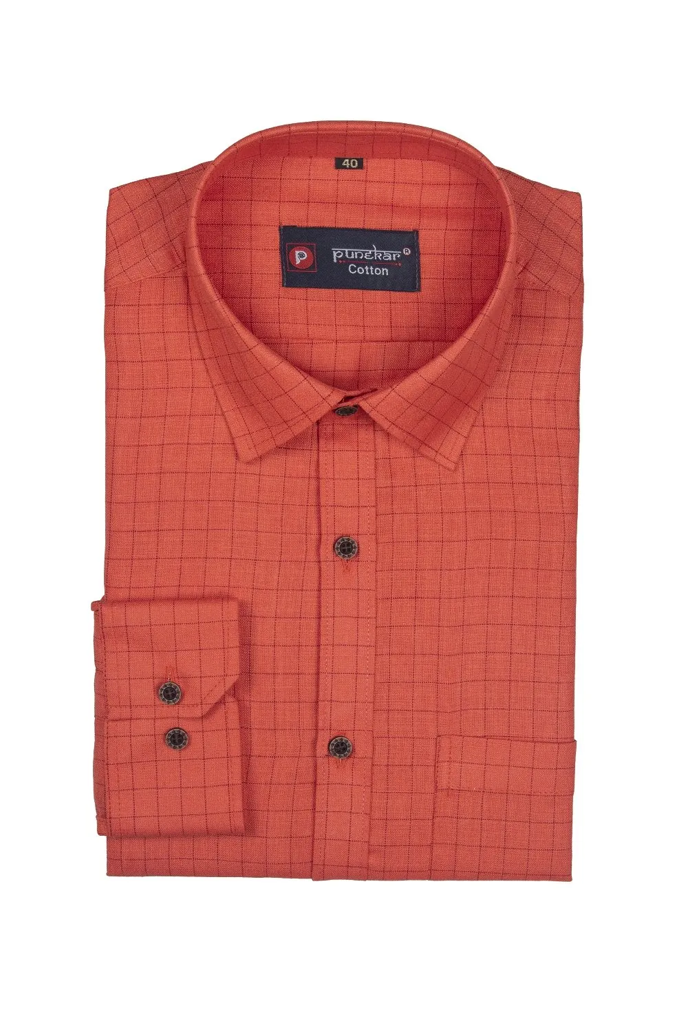 Punekar Cotton Orange Color Check Criss Cross Woven Cotton Shirt for Men's.