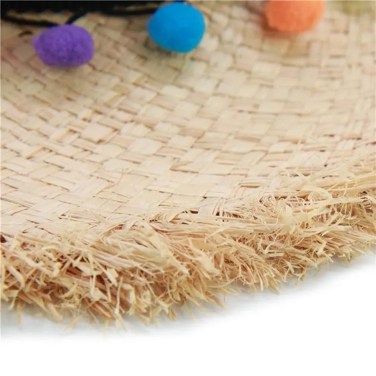 Raffia Panama Hat with Colorful Pompom Tassel Belt