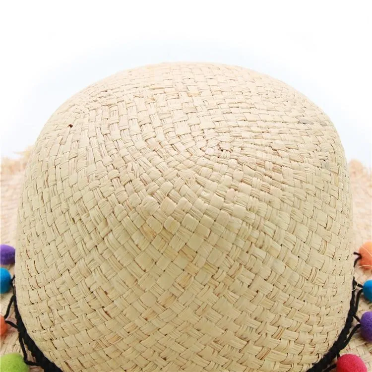 Raffia Panama Hat with Colorful Pompom Tassel Belt