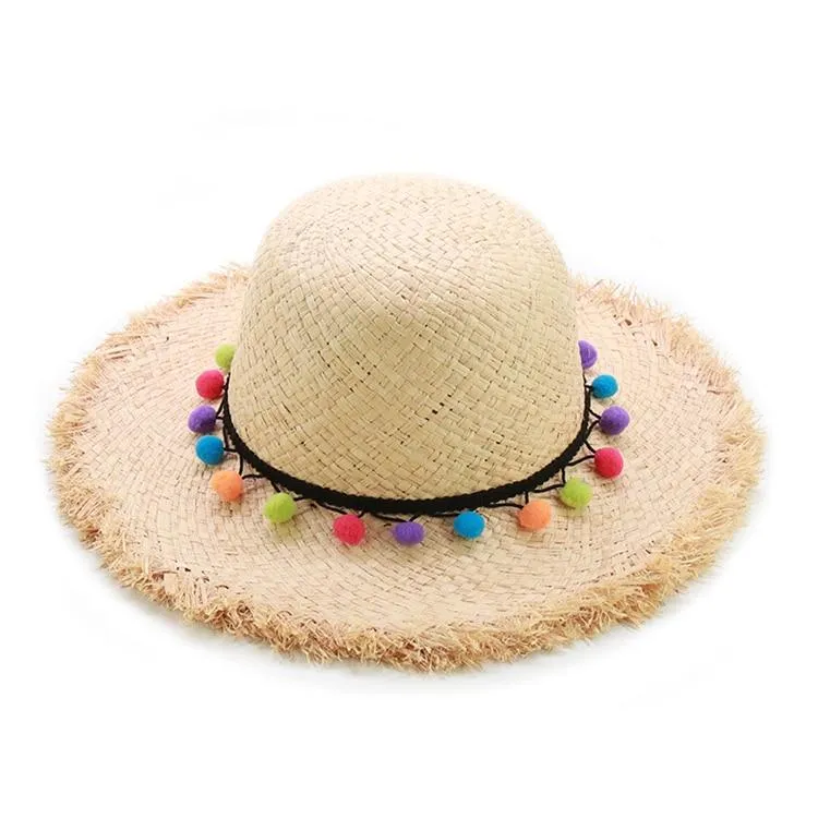 Raffia Panama Hat with Colorful Pompom Tassel Belt