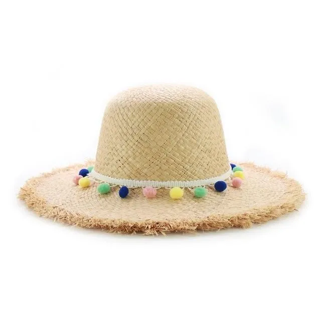 Raffia Panama Hat with Colorful Pompom Tassel Belt