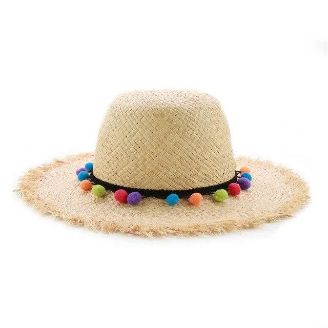 Raffia Panama Hat with Colorful Pompom Tassel Belt