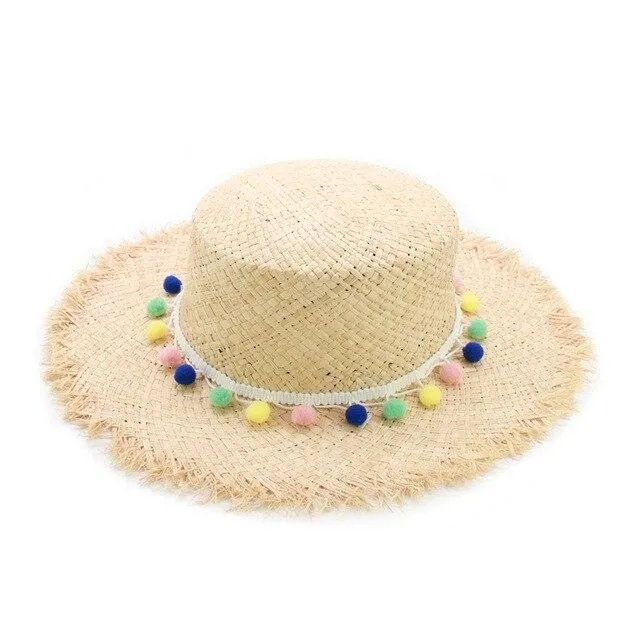 Raffia Panama Hat with Colorful Pompom Tassel Belt