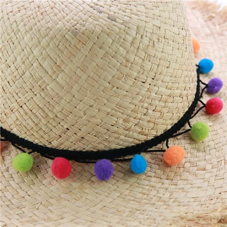 Raffia Panama Hat with Colorful Pompom Tassel Belt