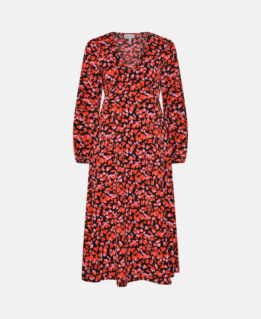 Red Heart Print Empire Waist Midi Dress