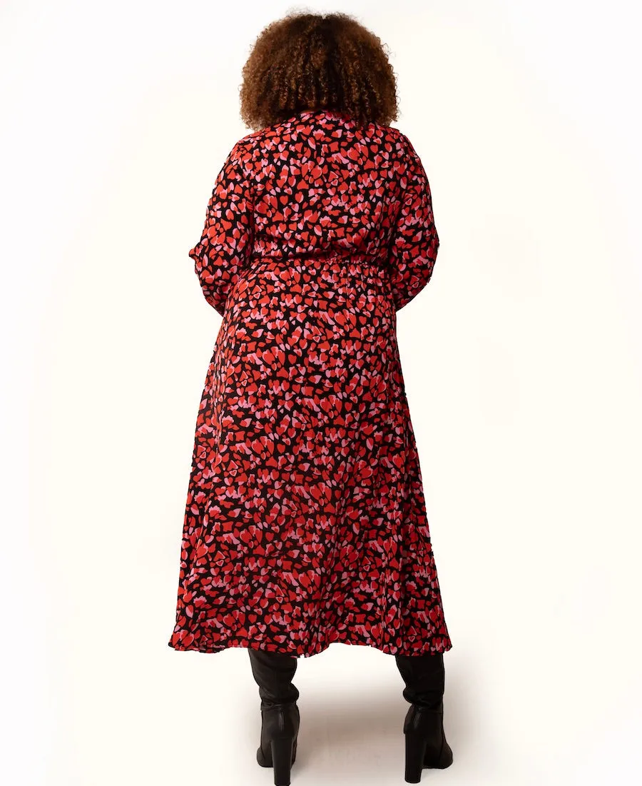 Red Heart Print Empire Waist Midi Dress