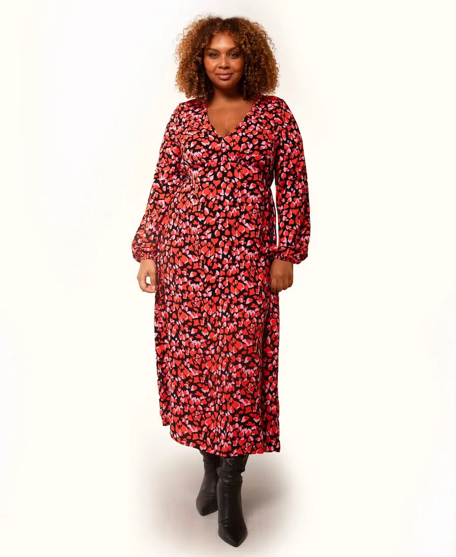 Red Heart Print Empire Waist Midi Dress