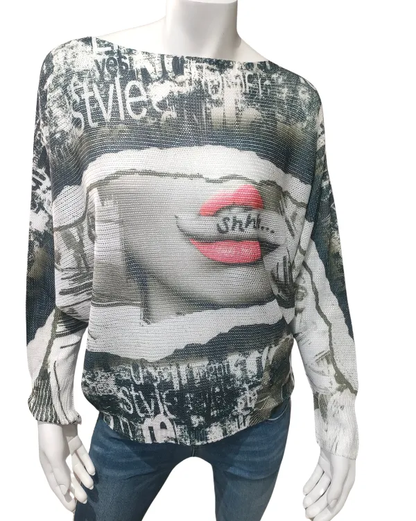 Red Lips shhh print  -  Imported Italian Knit