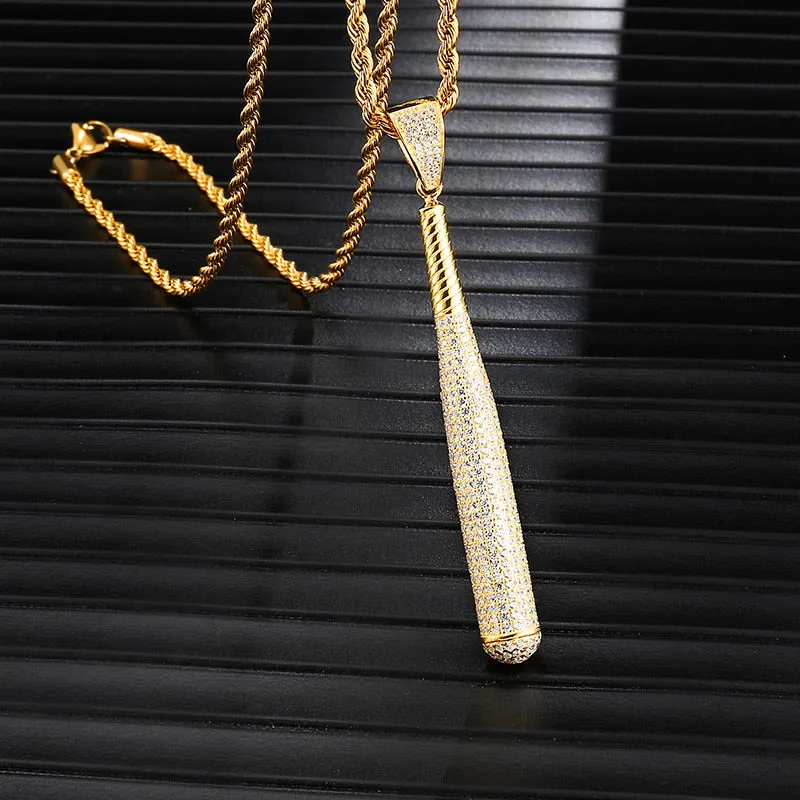 Rhinestone-Studded Baseball Bat Bling Hip-hop Pendant Necklace