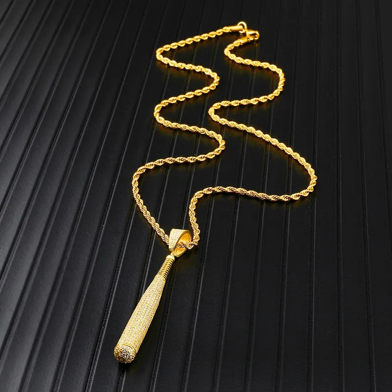 Rhinestone-Studded Baseball Bat Bling Hip-hop Pendant Necklace