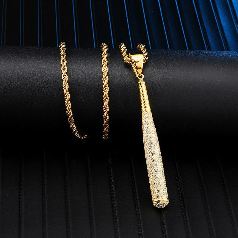 Rhinestone-Studded Baseball Bat Bling Hip-hop Pendant Necklace