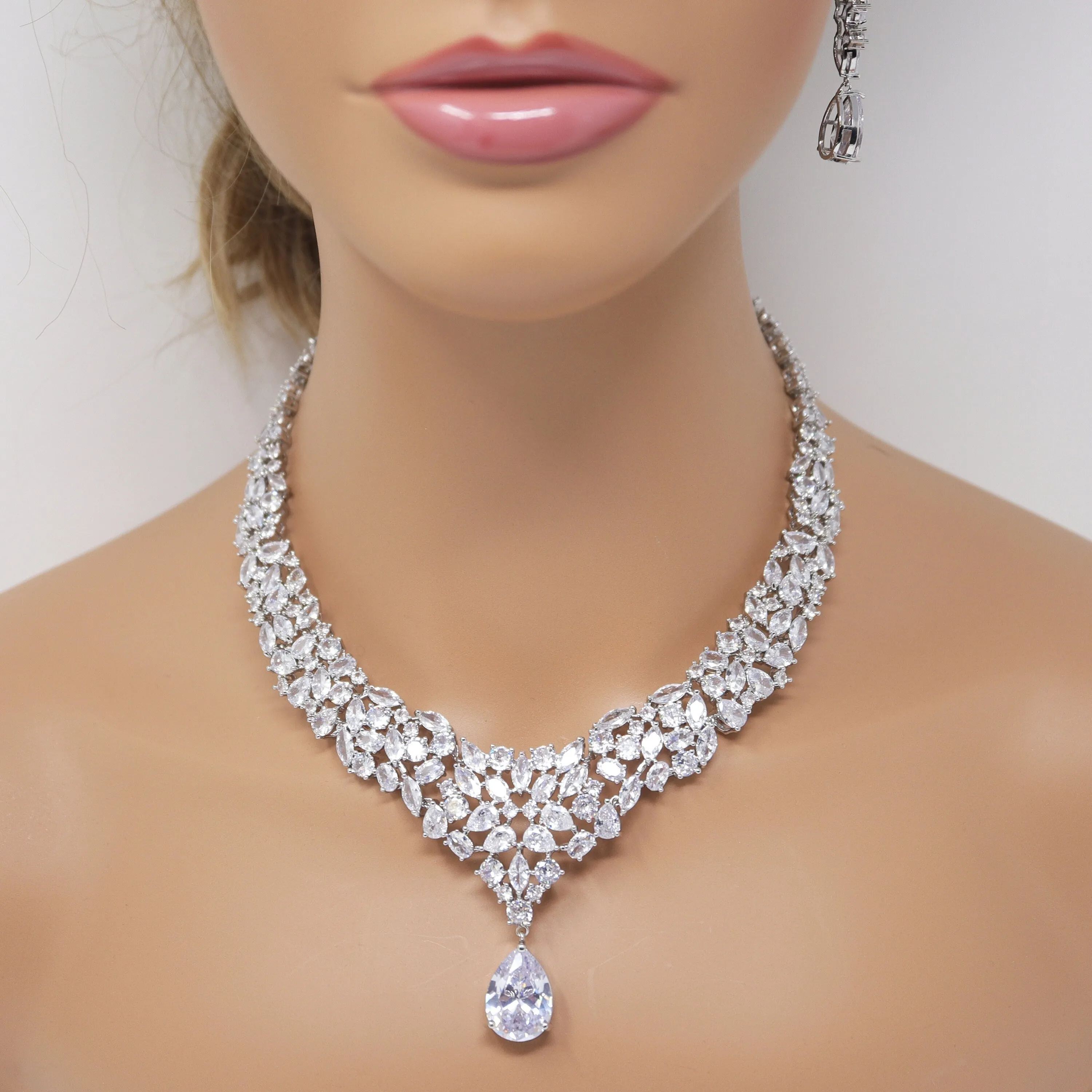 Royal CZ Bridal Necklace and Earrings Set , Bridal Jewelry Set, Bridal Earrings And Necklace, Statement Earrings Cz, Necklace Set