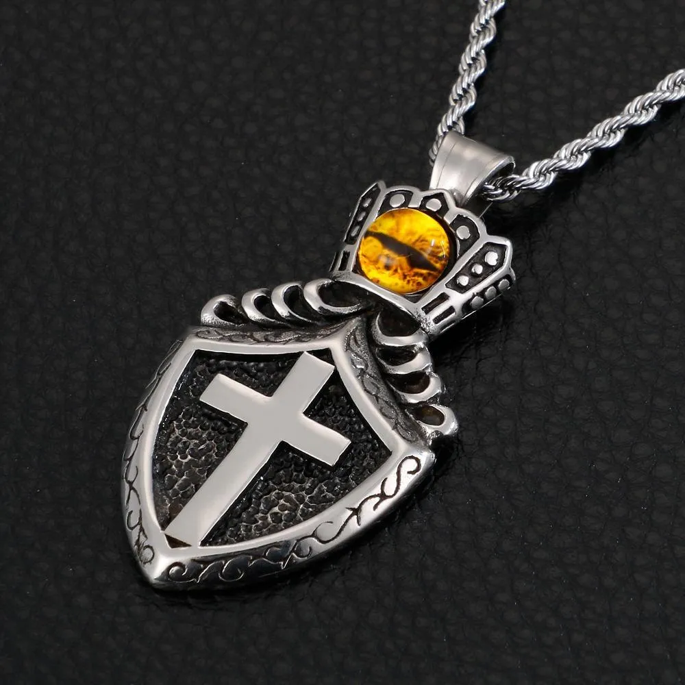 Silver Crowned Shield Cross Pendant and Chain Necklace