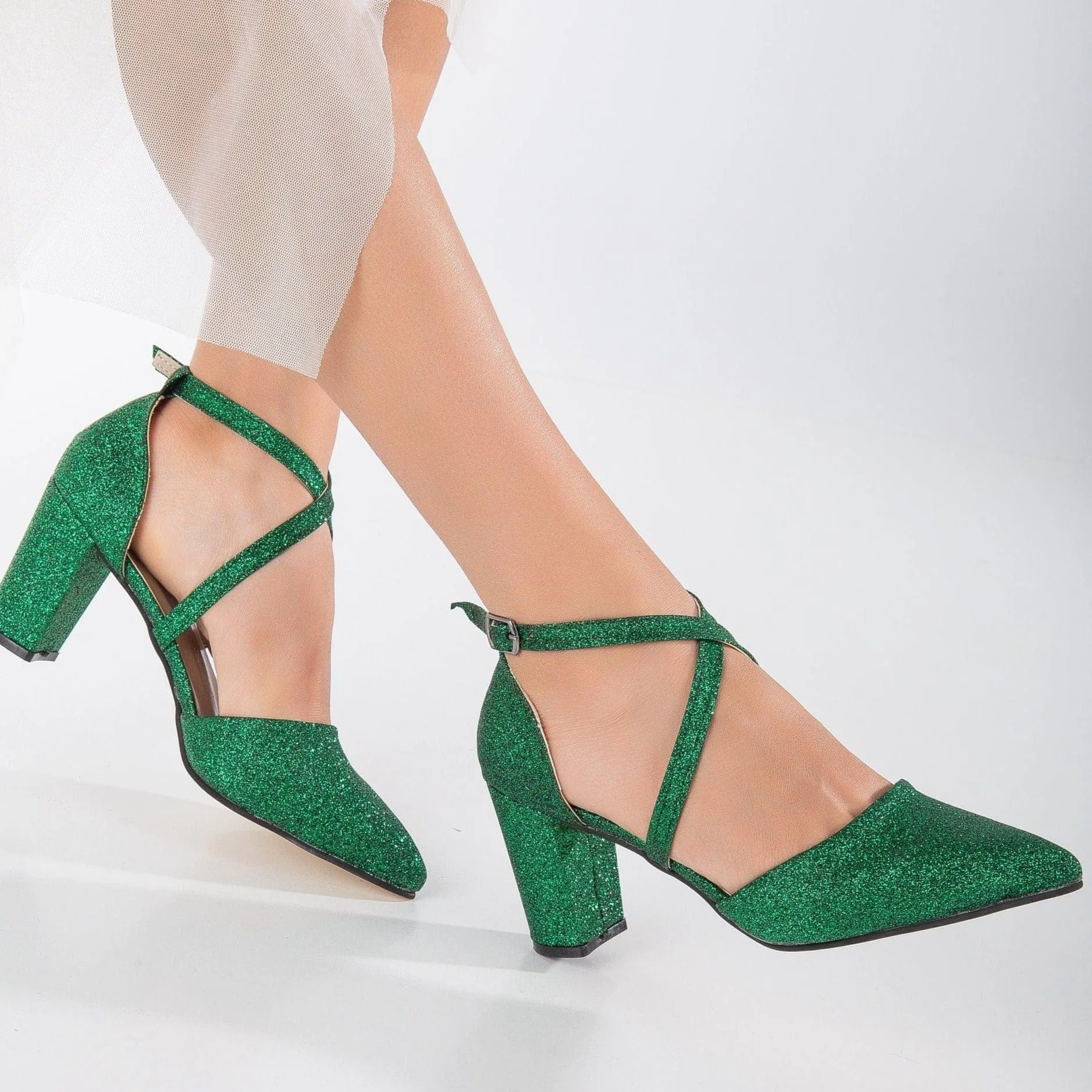 Sina Vegan Glitter Strappy Heels | Green