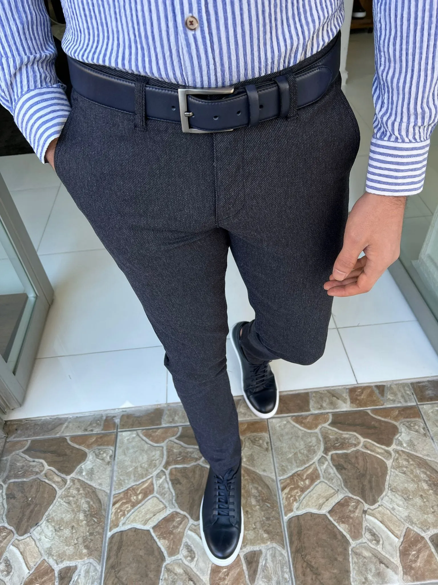 Slim Fit Micro Pattern Navy Blue Pants