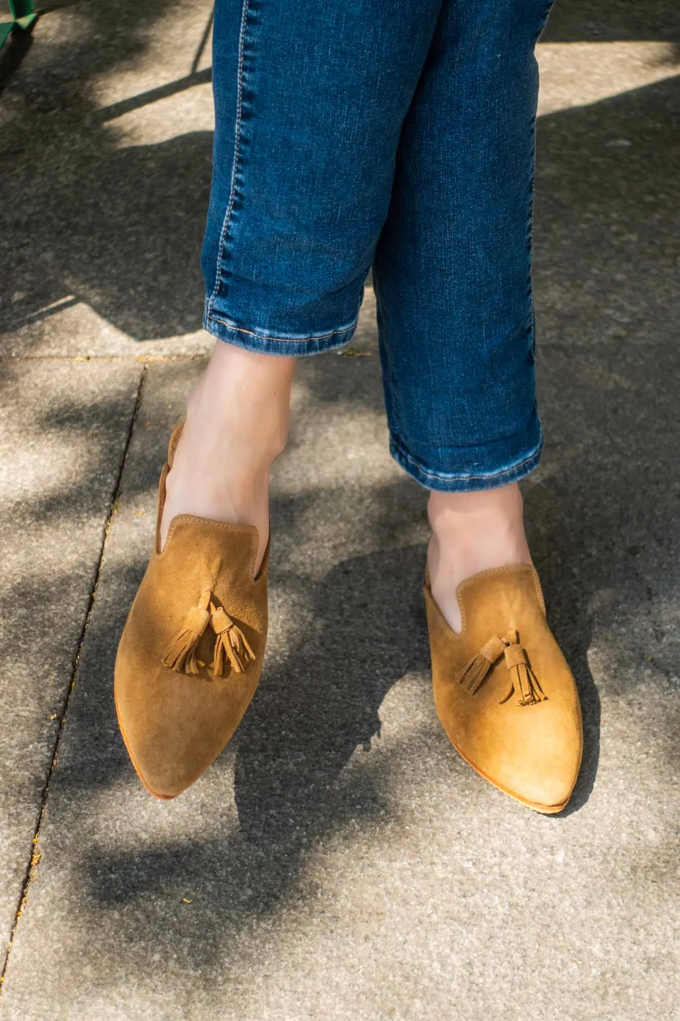 Suede Leather Pompom Mules in Brown