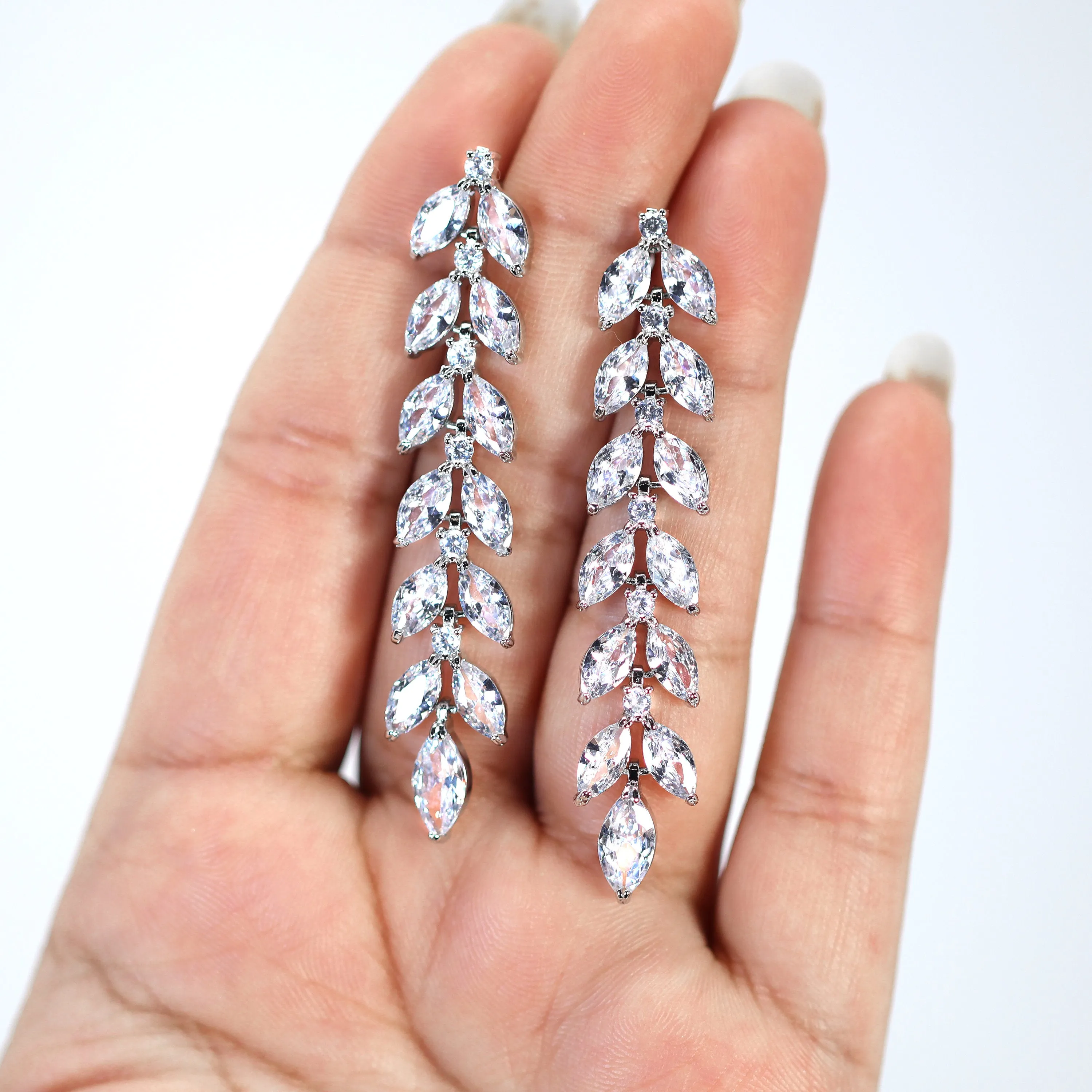 Swarovski Crystal Mystical Leaves Drop Diamond Earrings, Long Bridal Jewelry, Bridal Earrings, Crystal Earrings, Statement Earrings Cz