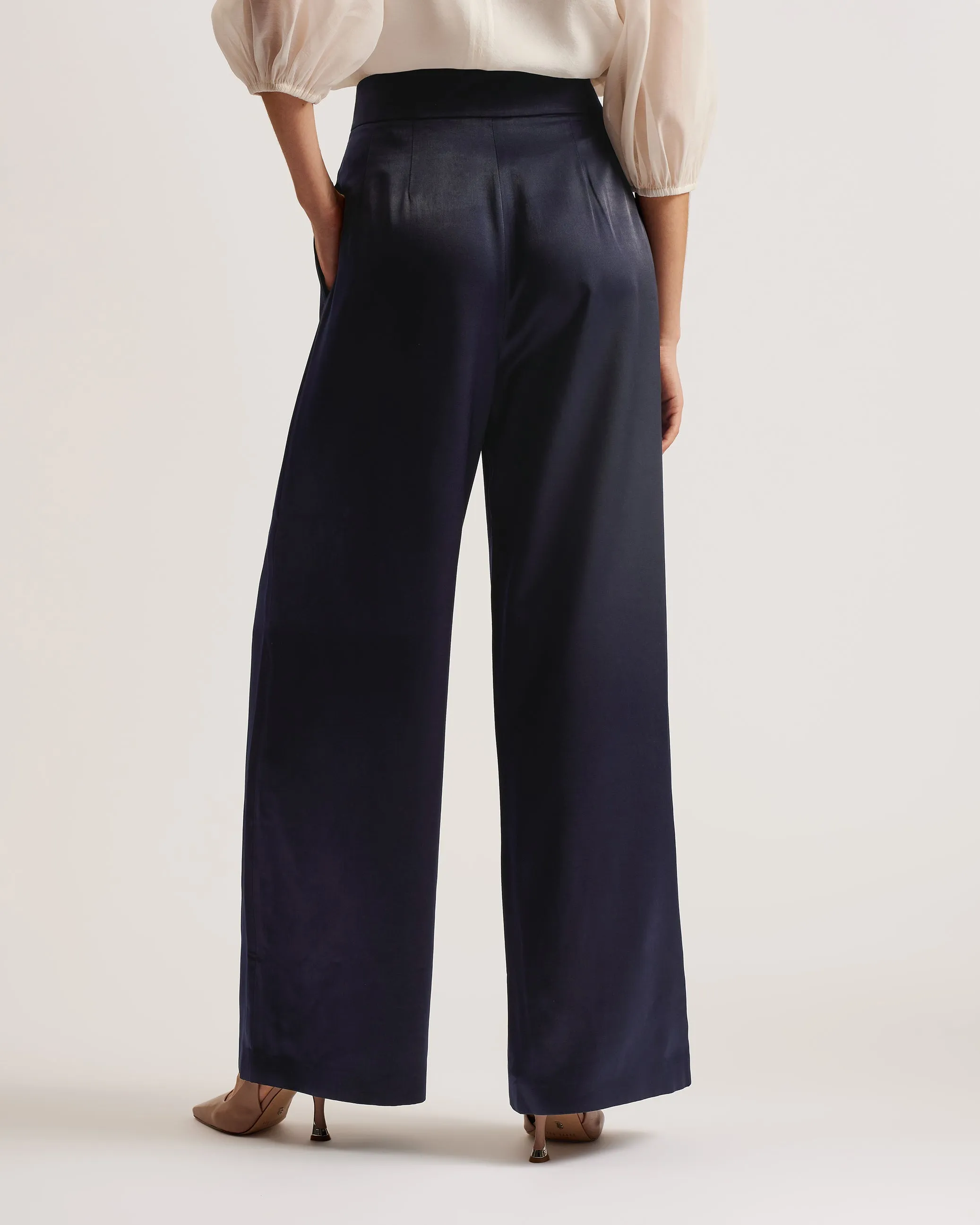 Teerut Satin Wide Leg Tailored Trousers Navy