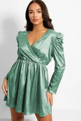 Textured Satin Puff Sleeves Dress