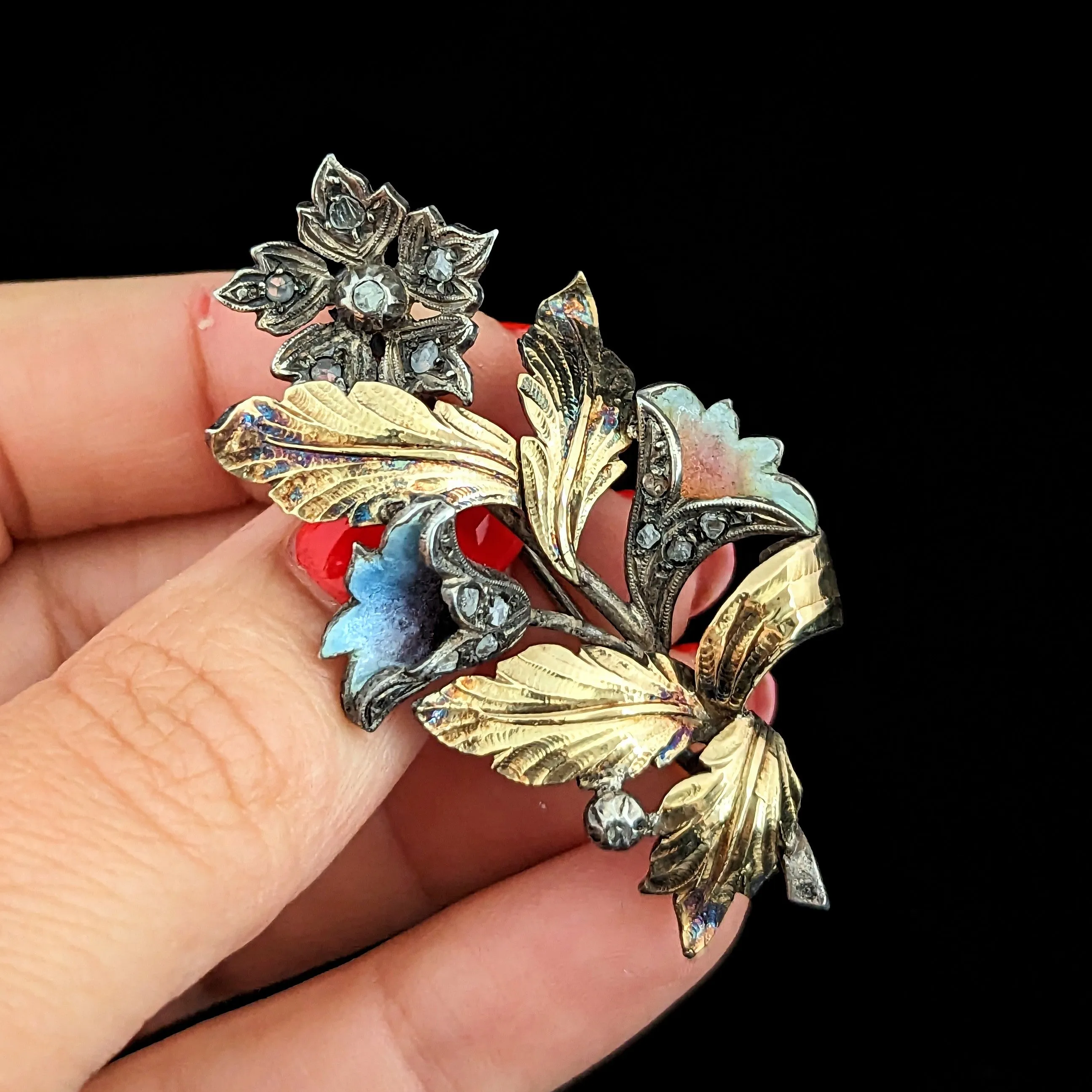 The Hoboken - Victorian Diamond Enamel Silver 18k Gold Brooch