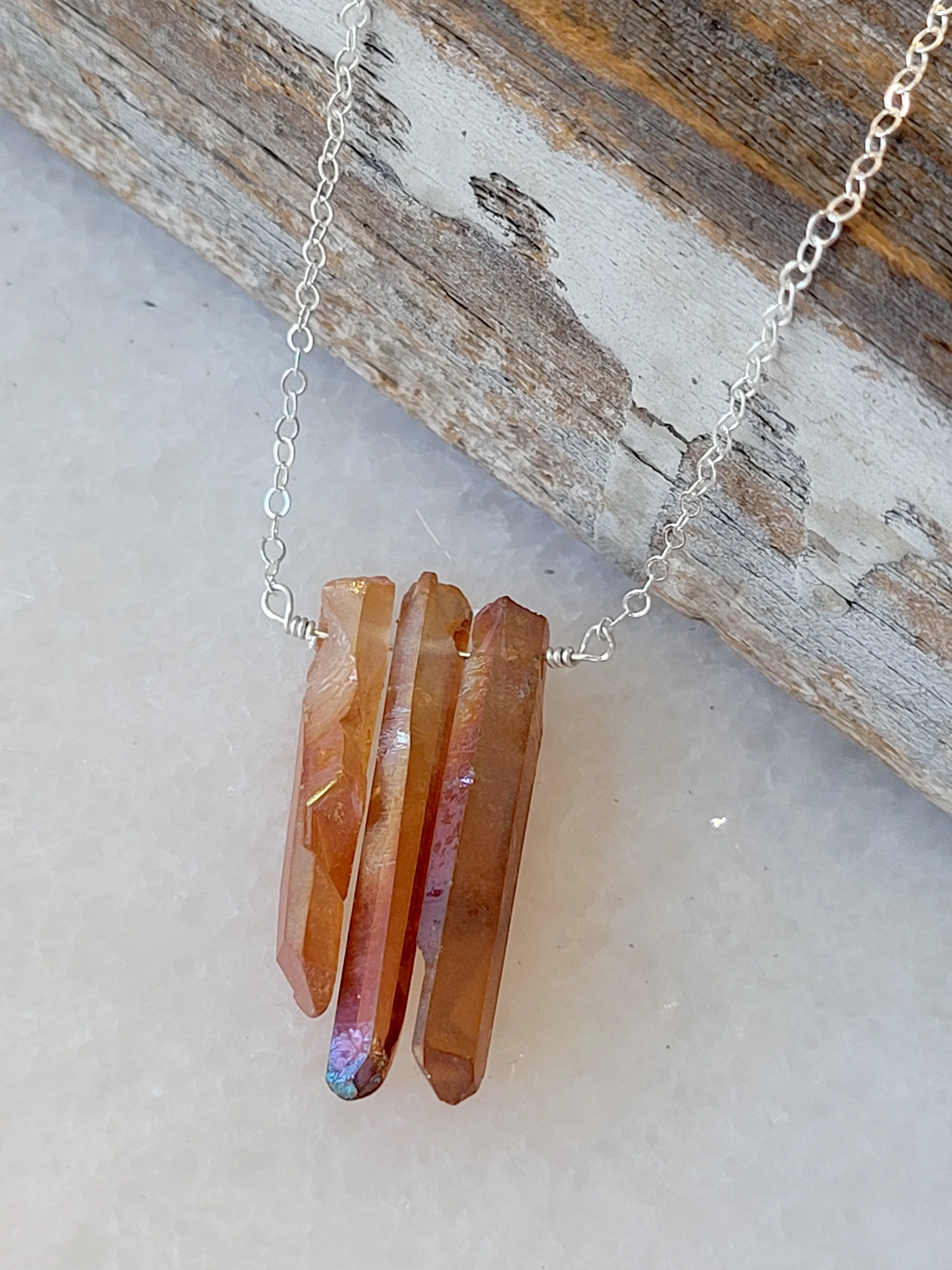 Three Raw Peach Quartz Crystal Pendant Necklace in Silver