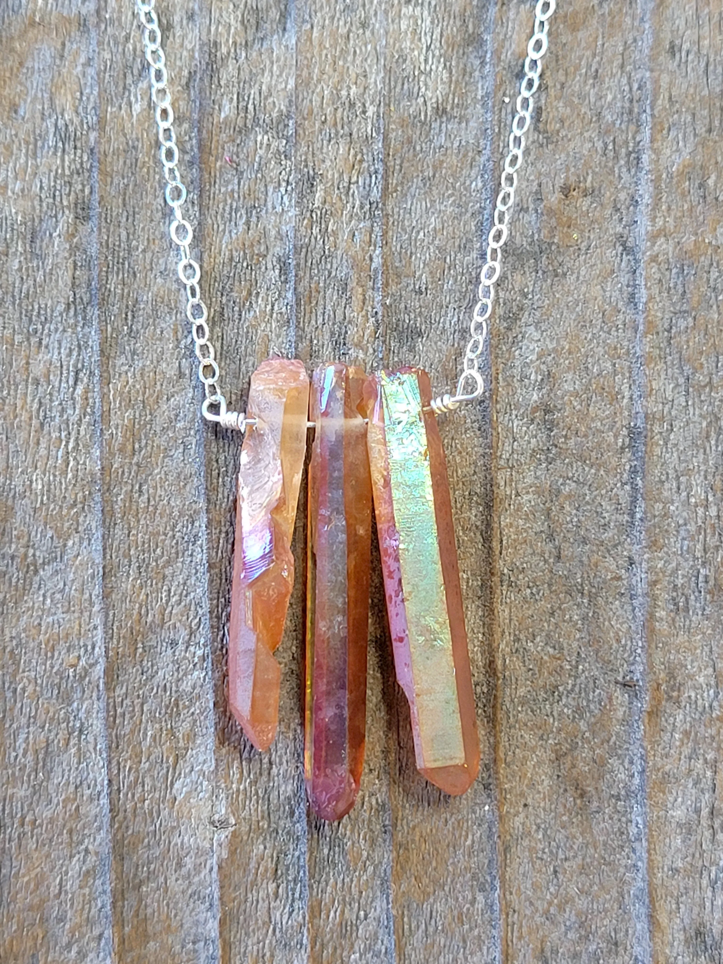 Three Raw Peach Quartz Crystal Pendant Necklace in Silver