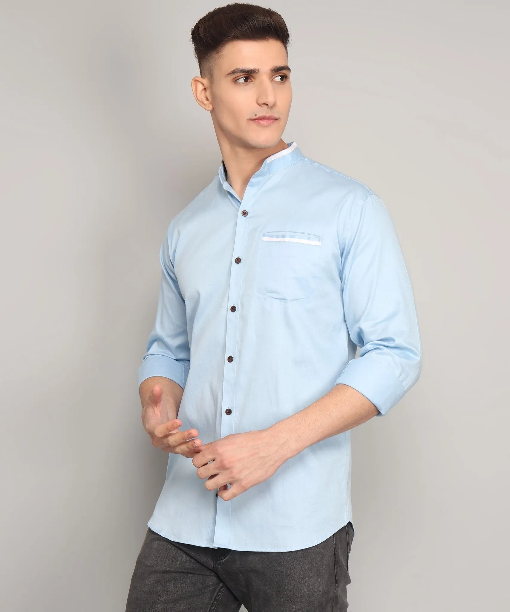 TryBuy Premium Fashionable Full Sleeves Mandarin Collar Sky Blue Cotton Button-Up Shirt for Men