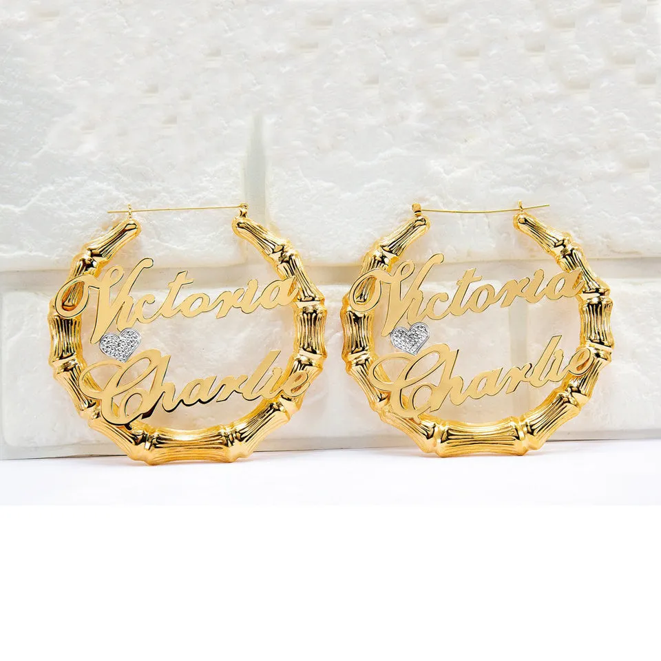 Two Names and Heart Bamboo Hoop Earrings