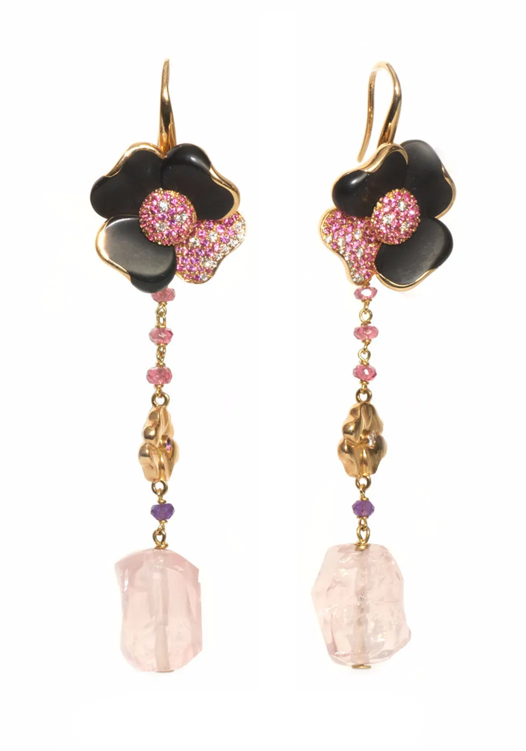 Valente Jet Pink Sapphire Rose Quartz Flower Dangle Earrings