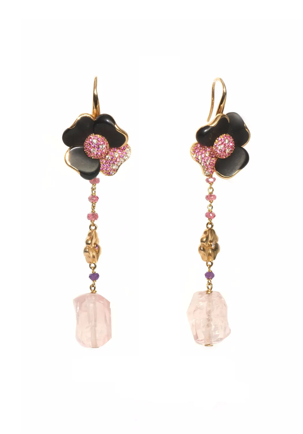 Valente Jet Pink Sapphire Rose Quartz Flower Dangle Earrings